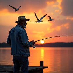 Obraz premium Serene Sunset Fishing An Elderly Man's Quiet Moment