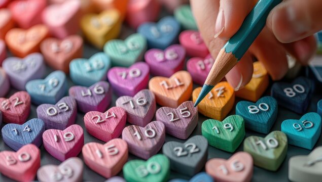 Hand with teal pencil selecting number from multicolored wooden hearts - Powered by Adobe