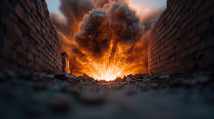 Explosion impacting urban landscape during dusk dramatic viewpoint