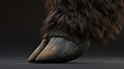 A bison hoof and lower leg, dark coarse fur with natural flow around the hoof