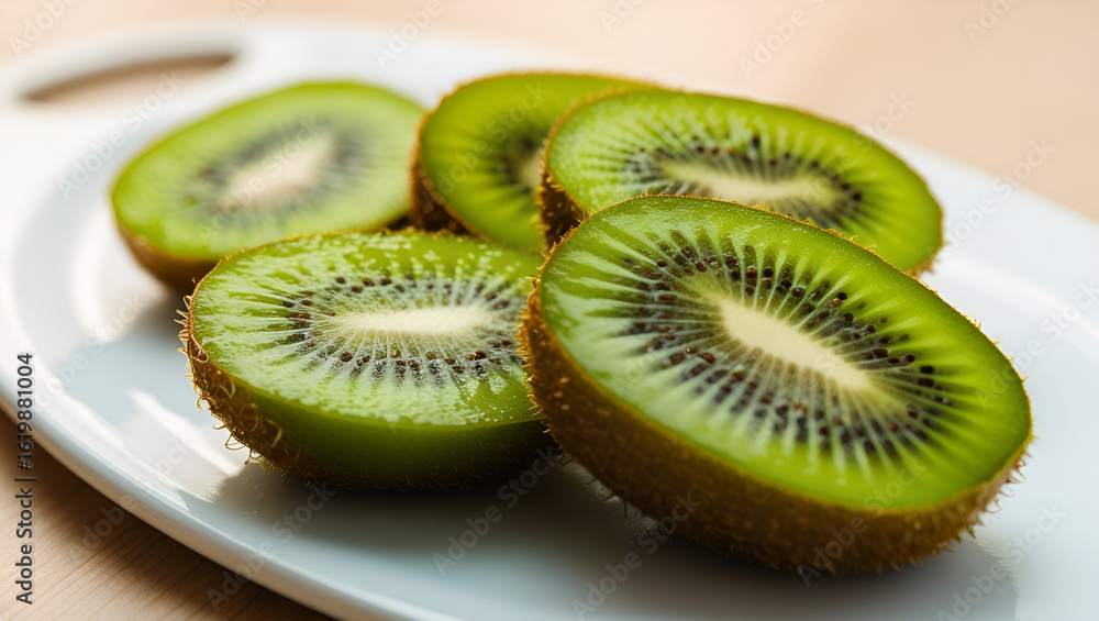 Poster sliced kiwi fruit displaying vivid green color and delicate seed pattern in a fresh, minimalist sett