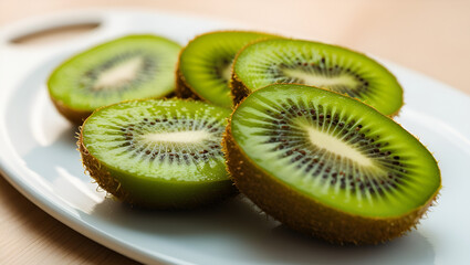 Sliced kiwi fruit displaying vivid green color and delicate seed pattern in a fresh, minimalist setting.