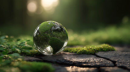Nature action crystal globe with moss forest close-up serenity