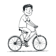 Obraz premium Happy young caucasian male riding bicycle in simple line drawing cartoon style. Vector illustration