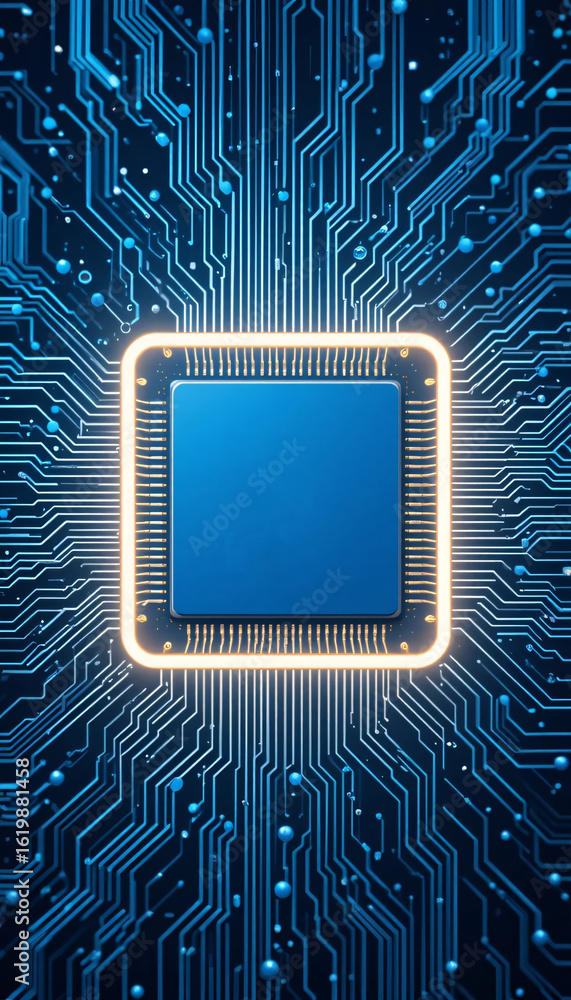 Aufkleber cpu with light glowing neon frame on circuit board. technology semiconductor on blue background. emp