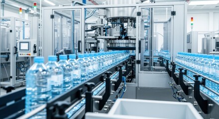 Assembly line machinery handling largescale water bottle packaging in a clean factory setting.