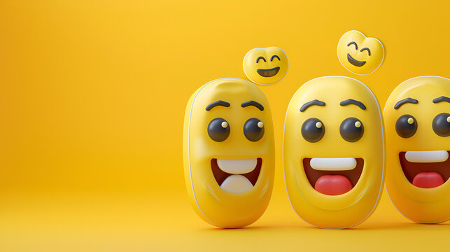 Three smiling yellow emoji characters with heart shaped emoji floating above on a yellow background .