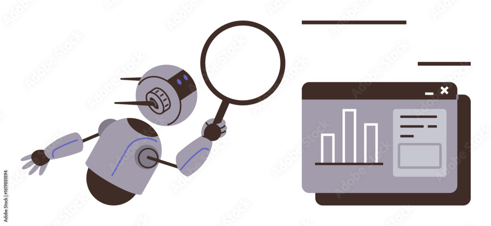 Poster robot holding magnifying glass examining bar charts and details on monitor. ideal for ai, machine le