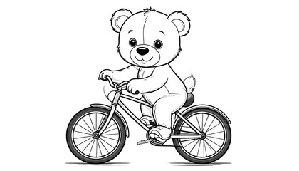 Cute cartoon bear riding a bicycle.  Simple black and white