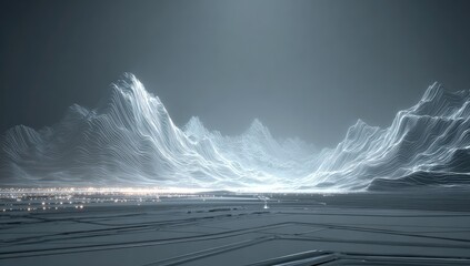 Digital mountains, light-blue lines, gray plain