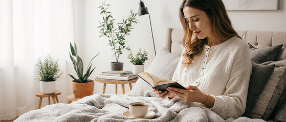 Cozy Morning in a Sunlit Bedroom With a Book, Coffee, and Plants.