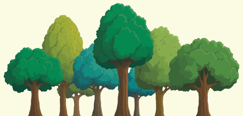 Stylized illustration of a diverse group of green trees against a light background