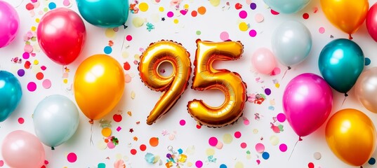 Festive 95th Birthday Celebration with Colorful Balloons, Golden Foil Number, and Sparkling Confetti