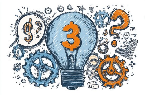 Hand-drawn lightbulb with gears, symbols, and numbers