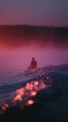Silhouette of a surfer at dawn with shimmering pink waves, reflecting a serene and tranquil ocean scene.