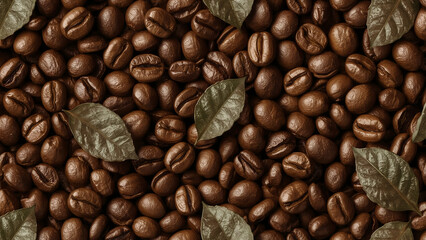 Hyperrealistic Seamless Pattern of Freshly Roasted Coffee Beans Interspersed with Dark Green Leaves, Perfect for Cafe Backgrounds and Natural Product Packaging