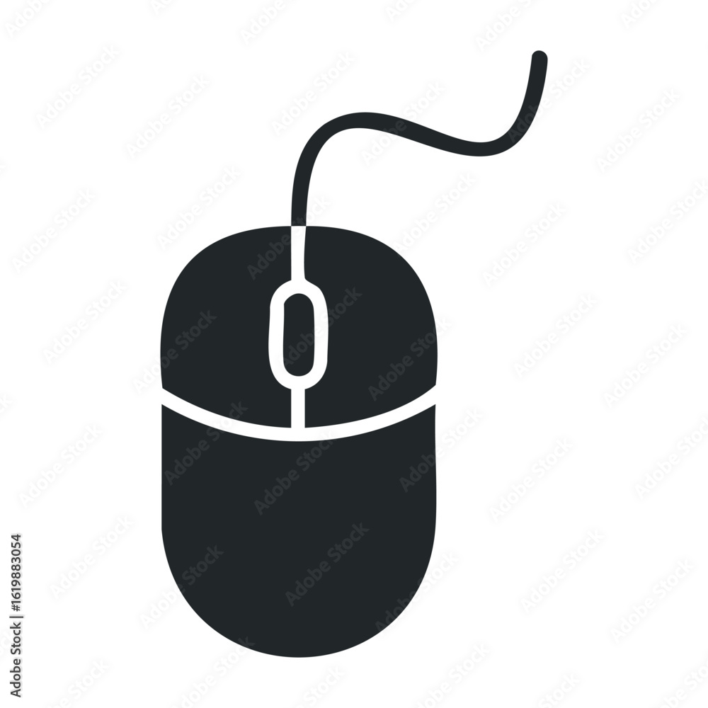 Poster black computer mouse with scroll wheel and wire. vector illustration