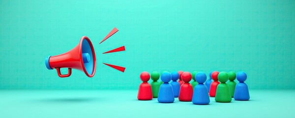 Minimalist Teal Scene with Colorful Figures and Megaphone Display
