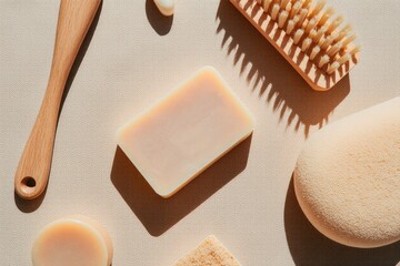 An organized display of bar soap, wooden cleaning brush, and biodegradable sponge on textured linen cloth, minimal eco-friendly home cleaning and sustainability concept.
