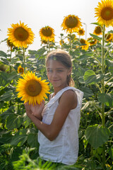 A young girl with a gentle smile holds a vibrant sunflower while standing amidst a field of...