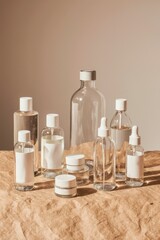 A set of clear glass cosmetic bottles arranged neatly on textured recycled paper, spotlighting sustainable beauty, minimal packaging, and eco-friendly branding for modern skincare concepts.

