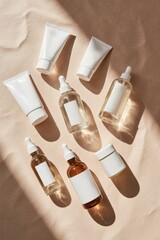 A set of clear glass cosmetic bottles arranged neatly on textured recycled paper, spotlighting sustainable beauty, minimal packaging, and eco-friendly branding for modern skincare concepts.

