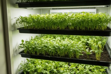Hydroponic microgreens vertically arranged in sleek white trays on a bright kitchen wall, sunlight streaming in, symbolizing fresh nutrition, health, and eco-friendly eating.

