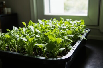 Hydroponic microgreens vertically arranged in sleek white trays on a bright kitchen wall, sunlight streaming in, symbolizing fresh nutrition, health, and eco-friendly eating.

