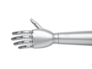 Detailed metallic silver robot or android hand for technology, science fiction, future, robotics, ai, innovation concepts, and graphic design projects.