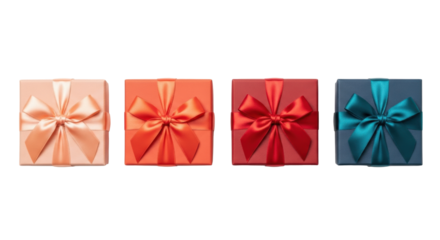 Five square peach, coral, red, navy blue, teal gift boxes with satin bows, horizontally arranged on a transparent background, flat lay, even studio lighting, no shadows, luxury gifting concept