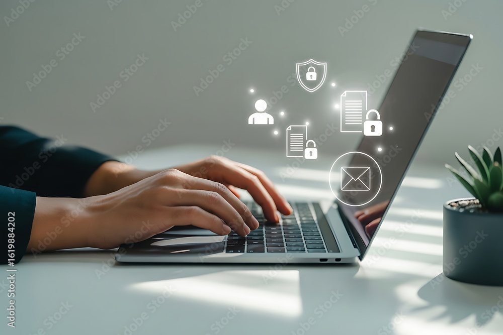 Poster person typing on laptop with digital security icons and data symbols floating hands keyboard