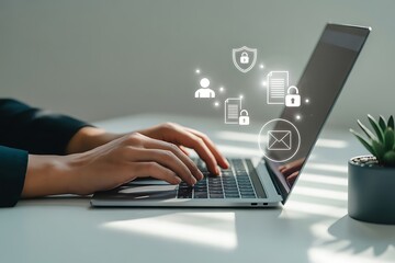 Person typing on laptop with digital security icons and data symbols floating hands keyboard