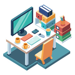 Modern isometric office desk setup with computer and supplies