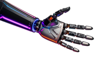 Shiny metallic robotic hand with neon accents, perfect for tech concepts, scifi designs, robotics themes and future technology projects.