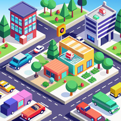 Fototapeta premium Vibrant isometric cityscape with buildings and cars