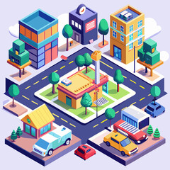 Isometric cityscape with buildings cars and trees
