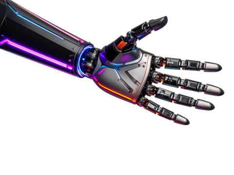 Shiny metallic robotic hand with neon accents, perfect for tech concepts, scifi designs, robotics themes and future technology projects.