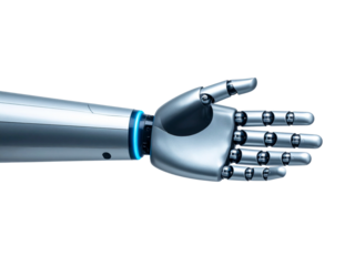 Metallic robot arm and hand isolated on white. Perfect for tech, robotics, futuristic concepts in designs, presentations, and technologythemed projects.