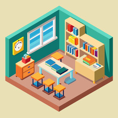 Cozy isometric classroom with bookshelves and study table
