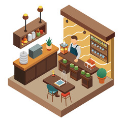Isometric illustration of a modern cafe interior with a barista