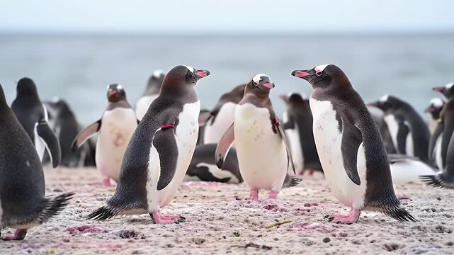 Gentoo Penguins Pygoscelis Papua Gather on Sandy Beach Displaying Distinctive White Markings and Black Plumage in a Natural Habitat With a Calm Sea View and Grey Sky Perfect for Wildlife Awareness