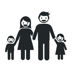 Fototapeta premium Simple black family icon featuring smiling parents and two children holding hands. Vector illustration