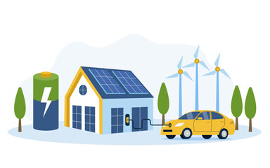 Green energy. Smart grid. Renewable. House with windmills and solar energy panels, electric car near charging station.