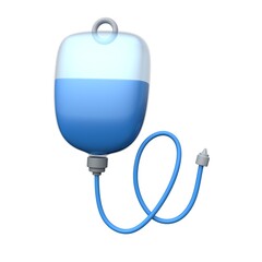 This 3D model showcases a medical IV fluid bag with a clear, blue liquid inside.