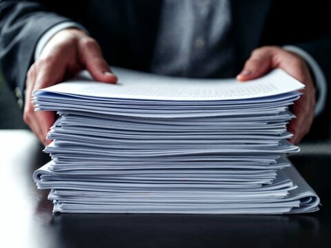 a person's hands, clad in a bright suit jacket sleeve with a crisp white shirt cuff, gently holding a tall, neat stack of white paper documents