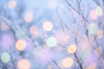 Christmas winter blurred background. wide screen holiday border, Xmas tree with snow decorated with garland lights, holiday festive background. Widescreen backdrop. New year Winter art design, 
