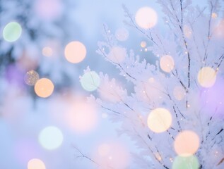 Christmas winter blurred background. wide screen holiday border, Xmas tree with snow decorated with garland lights, holiday festive background. Widescreen backdrop. New year Winter art design, 

