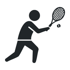 Silhouette of a tennis player icon with racket and ball in action. Vector illustration