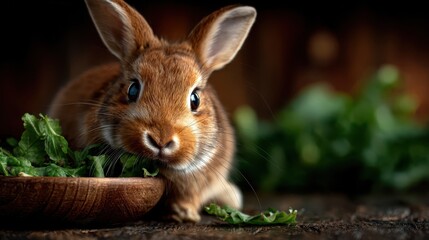 Fototapeta premium An adorable brown rabbit munches on fresh greens, reflecting the joy of nature and the essence of life in a warm and inviting setting filled with healthy food.