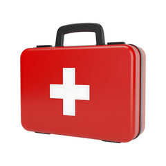 Obraz premium 3D rendering of a classic red first aid kit with a white cross. Emergency preparedness, healthcare, safety concept.